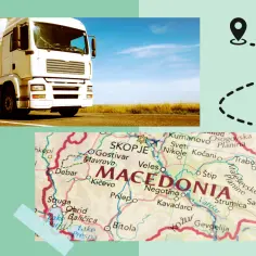 Ciężarówka na drodze, mapa Macedonii i ikony lokalizacji.